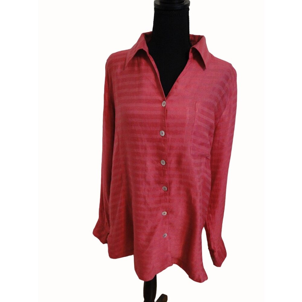 TravelSmith Womens XL Tunic Blouse Pink Button Front Pocket Rayon Linen High Low